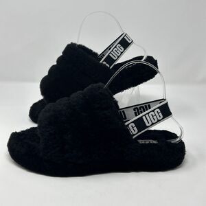 UGG Fluff Yeah Black Slide Slipper Big Kids Youth Size 6 Logo Strap